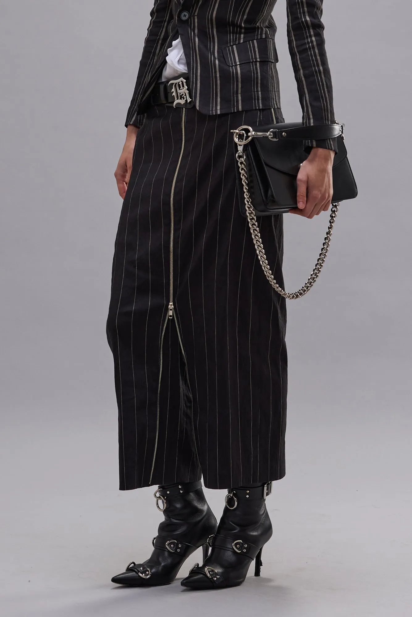 FRONT ZIP TROUSER - BLACK SILVER WIDE PINSTRIPE sold by R13