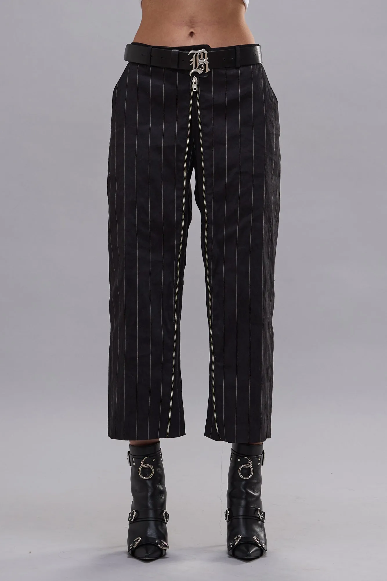 FRONT ZIP TROUSER - BLACK SILVER WIDE PINSTRIPE sold by R13 product image thumbnail 4