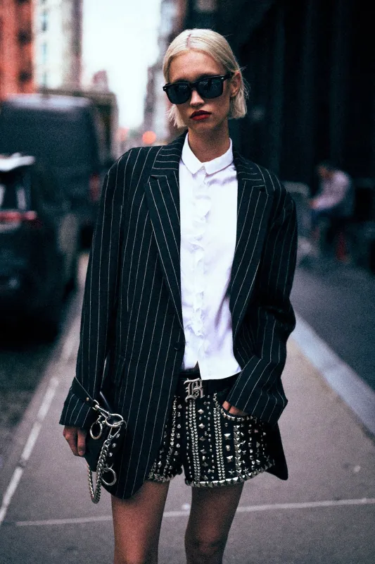 OVERSIZED RAGGED BLAZER - BLACK WHITE PINSTRIPE sold by R13