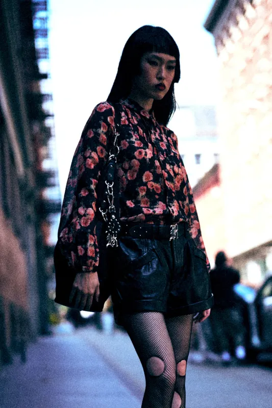 SHRUNKEN BLOUSE WITH PLEATED TUXEDO FRONT - ROSES ON BLACK sold by R13