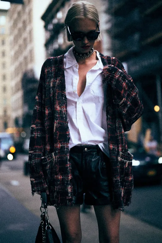 PRINTED OVERSIZED CARDIGAN - BLACK RED WHITE PLAID sold by R13