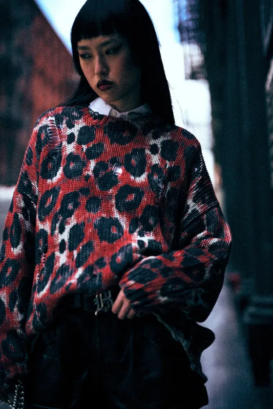 Printed Oversized Sweater - Red Black Leopard made by R13