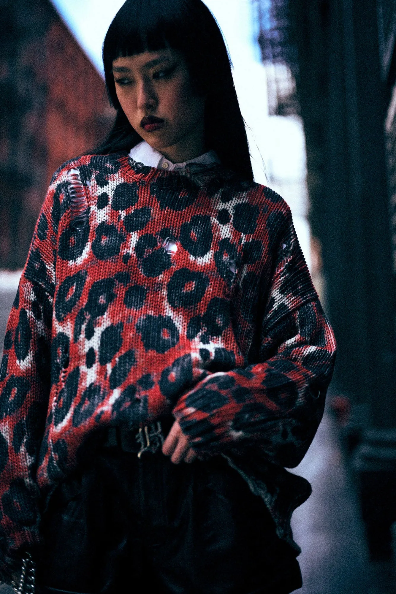 Printed Oversized Sweater - Red Black Leopard sold by R13