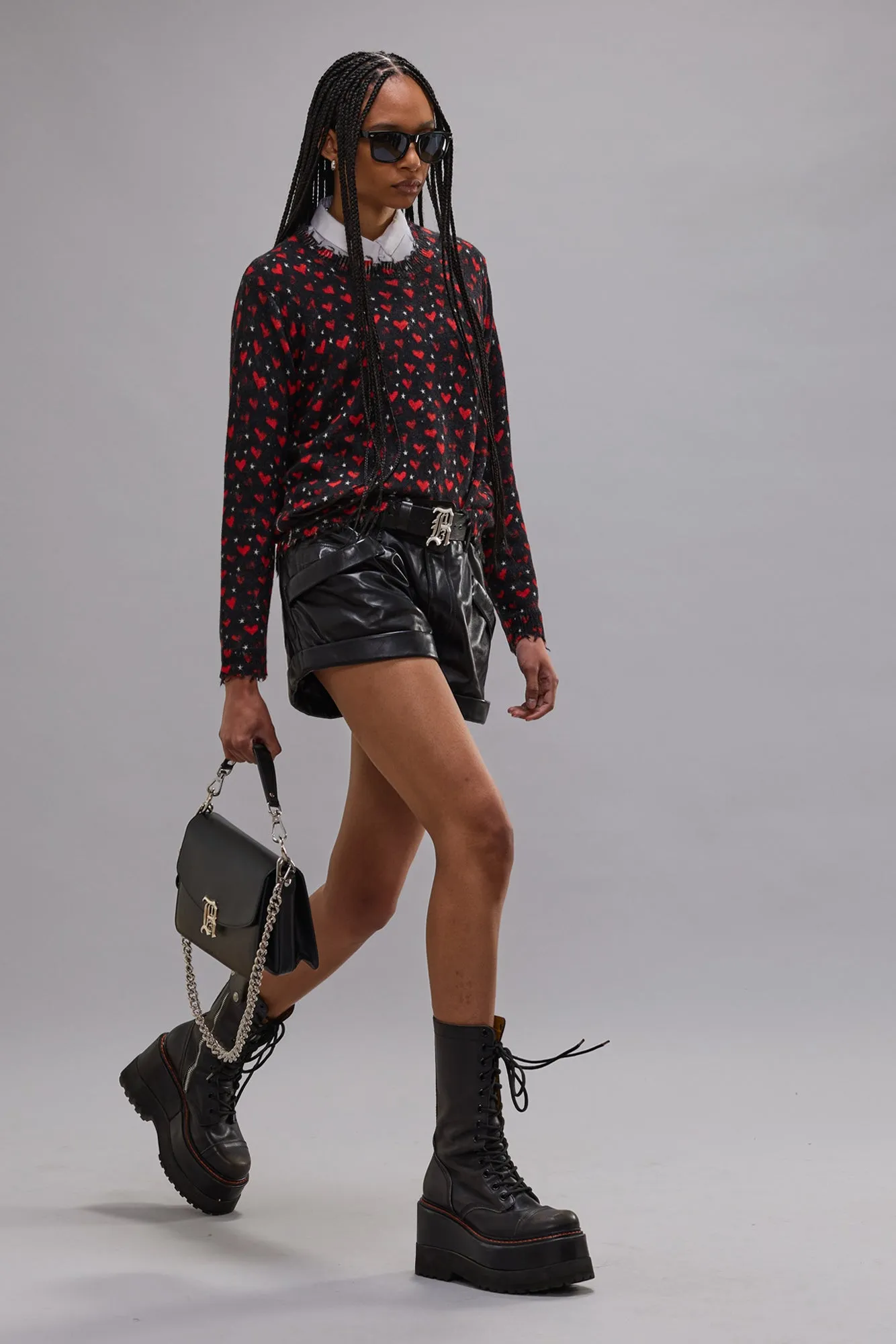 PRINTED RELAXED CREWNECK SWEATER - RED HEARTS ON BLACK sold by R13 product image thumbnail 4