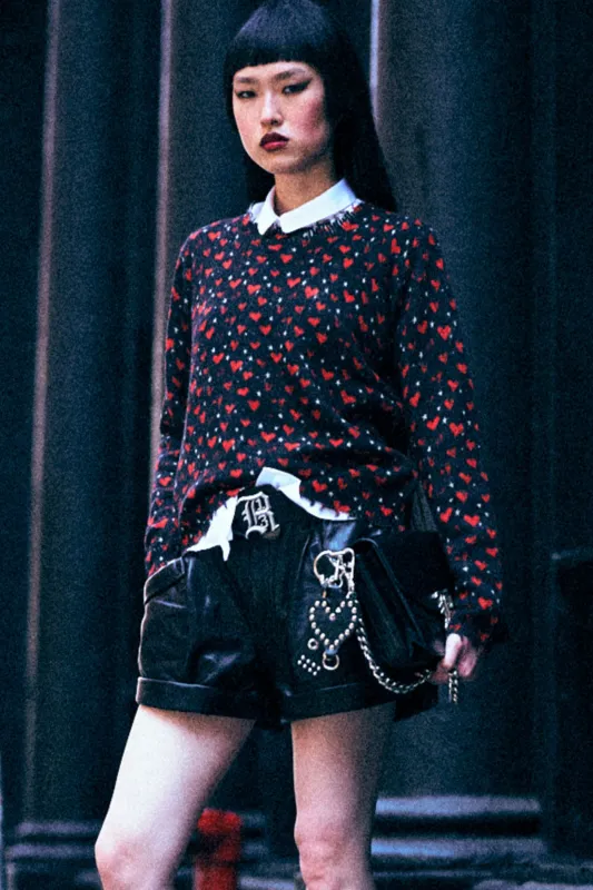 PRINTED RELAXED CREWNECK SWEATER - RED HEARTS ON BLACK sold by R13