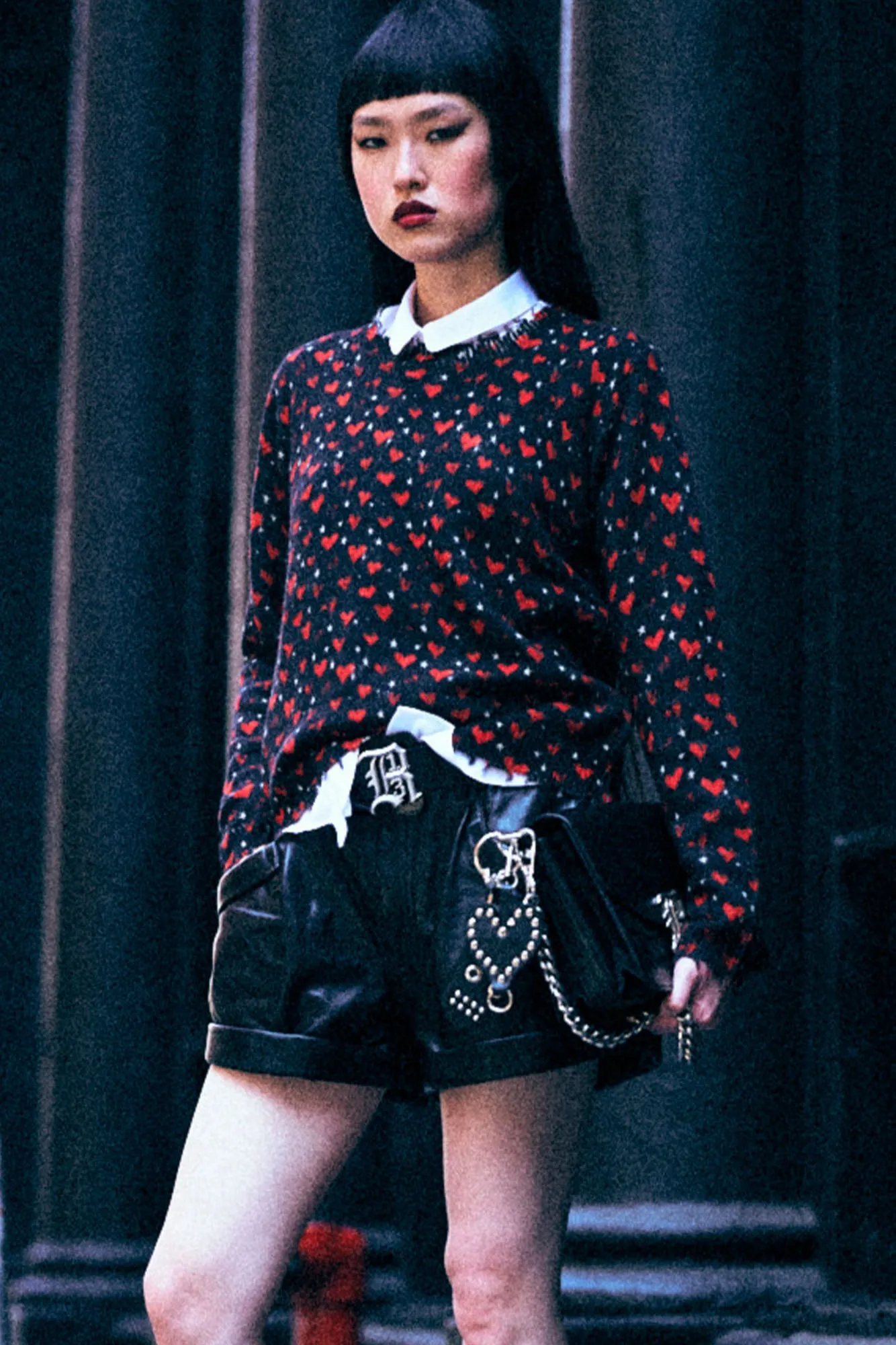 PRINTED RELAXED CREWNECK SWEATER - RED HEARTS ON BLACK sold by R13