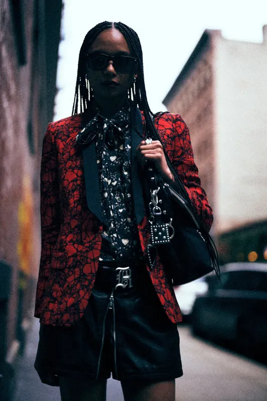 SHRUNKEN BLAZER - RED/BLACK LACE sold by R13