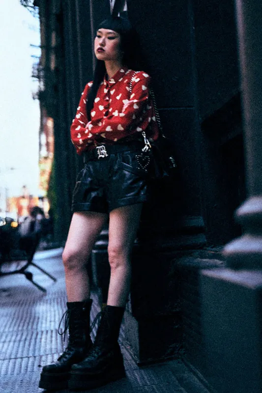 RUFFLE BLOUSE - CREAM HEARTS ON RED made by R13