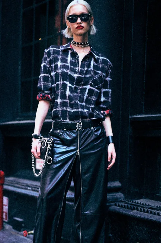 REVERSIBLE SHREDDED SEAM SHIRT - BLACK ECRU PLAID WITH RED LEOPARD sold by R13