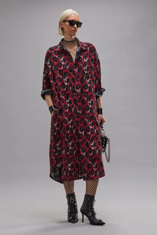 REVERSIBLE JUMBO SHIRTDRESS - BLACK ECRU PLAID WITH RED LEOPARD made by R13