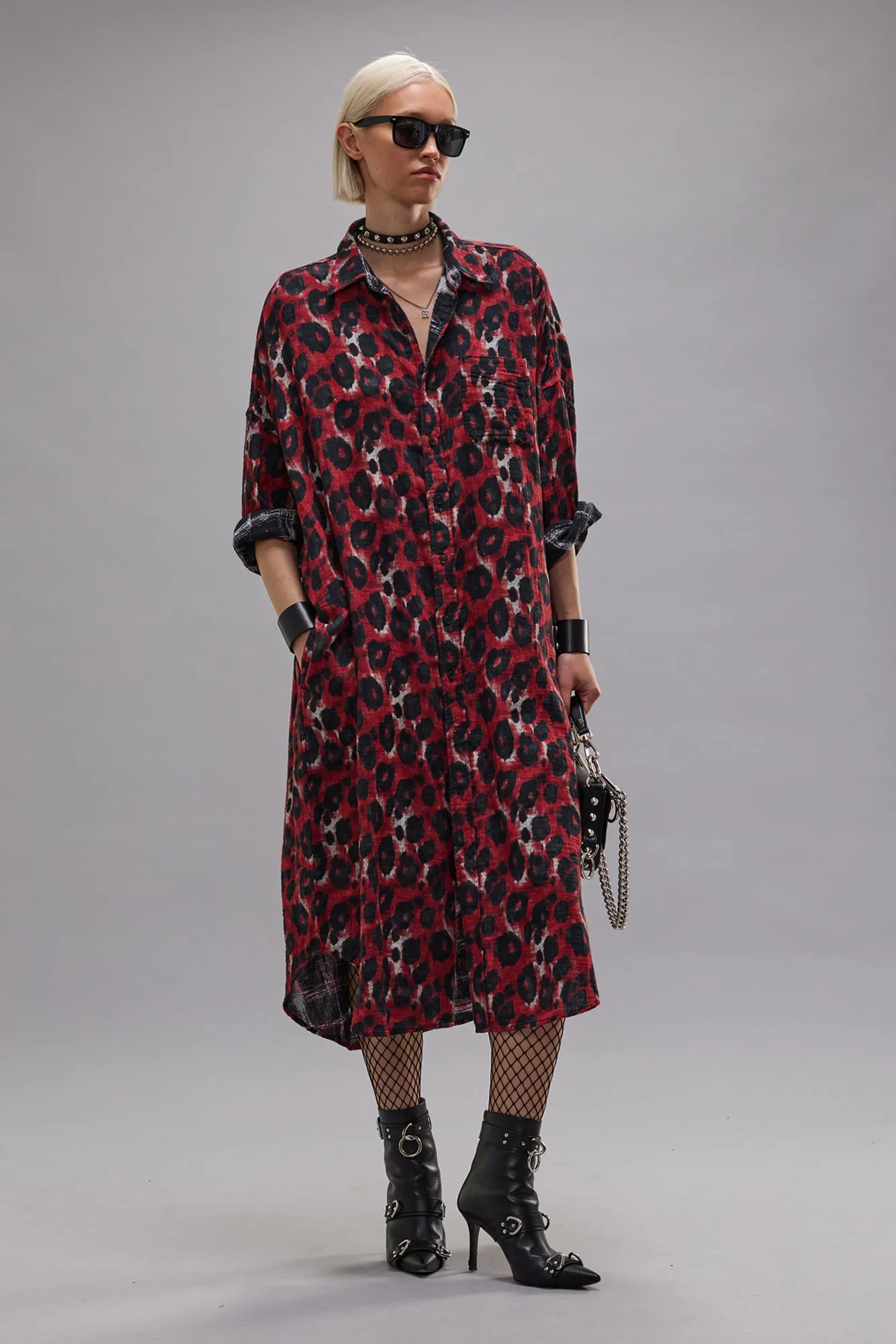 REVERSIBLE JUMBO SHIRTDRESS - BLACK ECRU PLAID WITH RED LEOPARD sold by R13