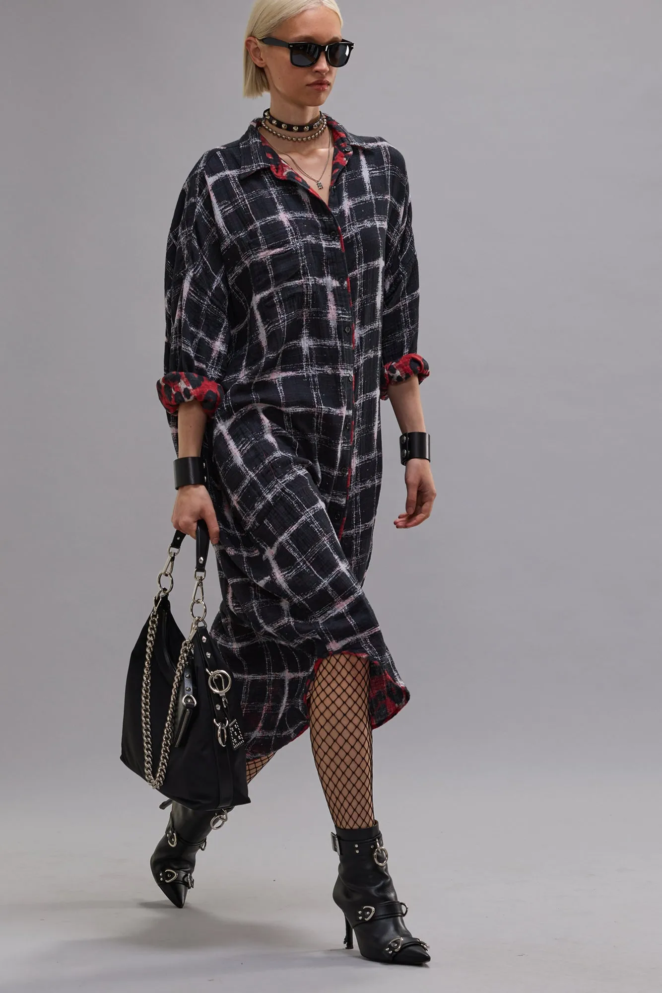 REVERSIBLE JUMBO SHIRTDRESS - BLACK ECRU PLAID WITH RED LEOPARD sold by R13 product image thumbnail 2