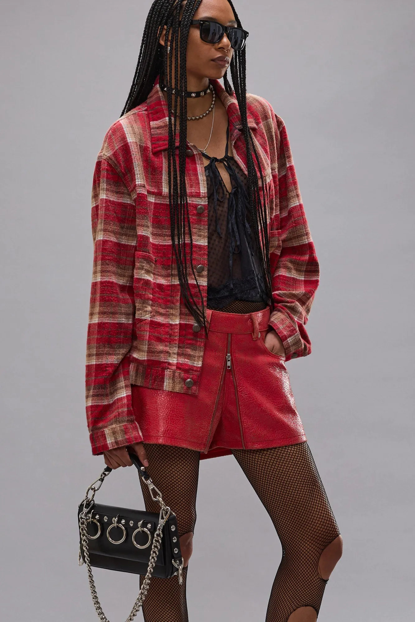 RELAXED PLEATED TRUCKER JACKET - RED PLAID sold by R13 product image thumbnail 2