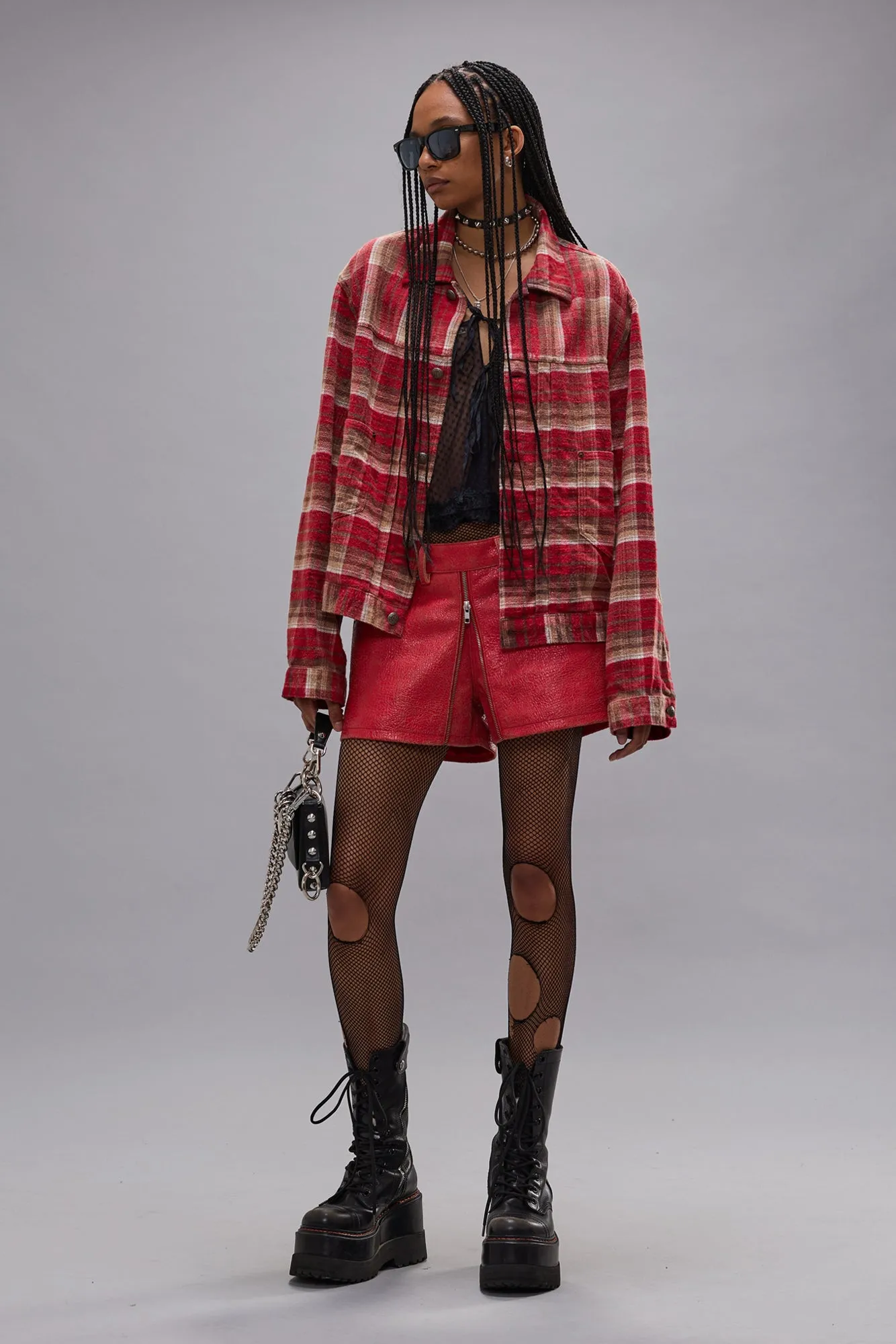 RELAXED PLEATED TRUCKER JACKET - RED PLAID sold by R13