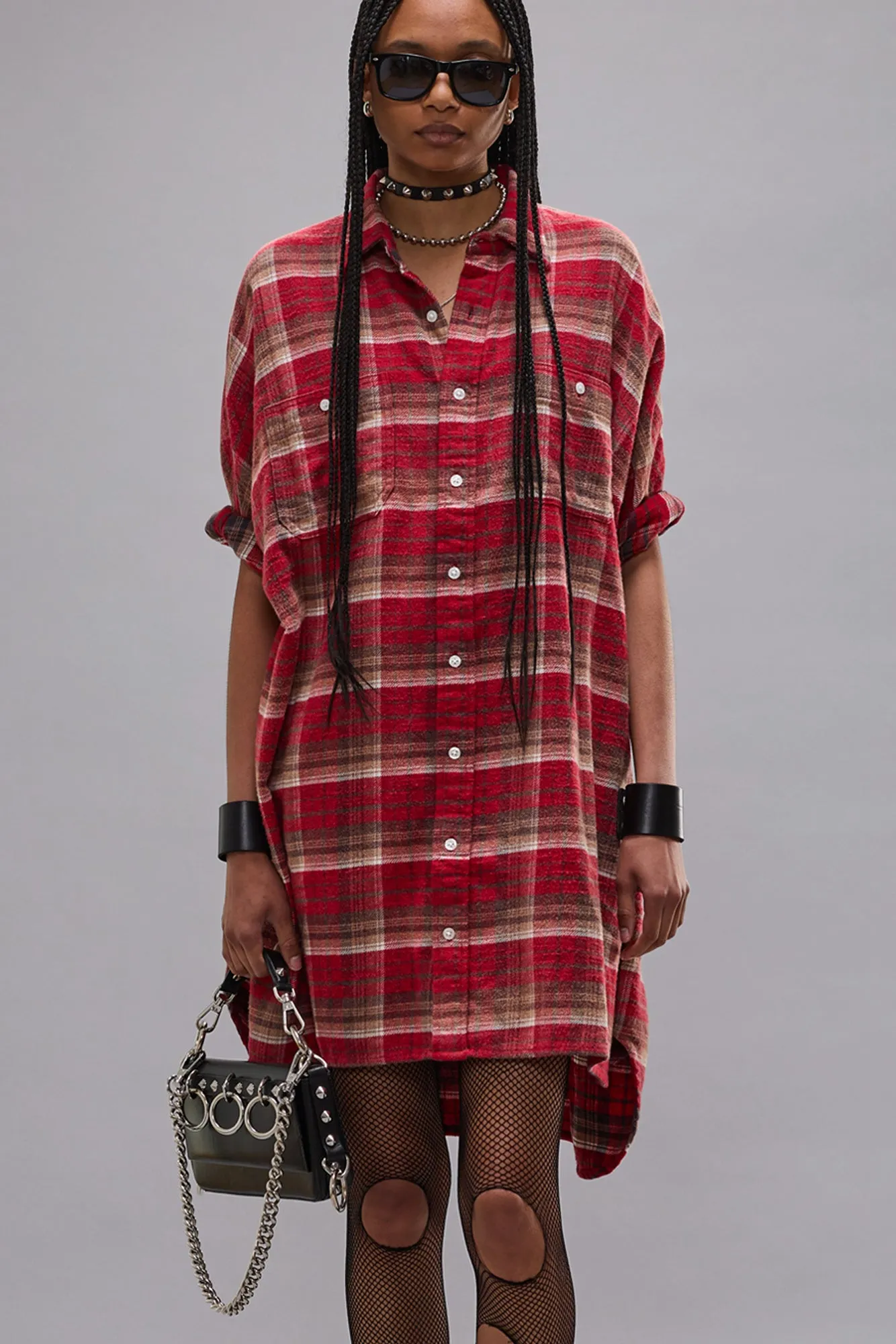 PLAID OVERSIZED BOXY SHIRTDRESS - RED PLAID sold by R13 product image thumbnail 2