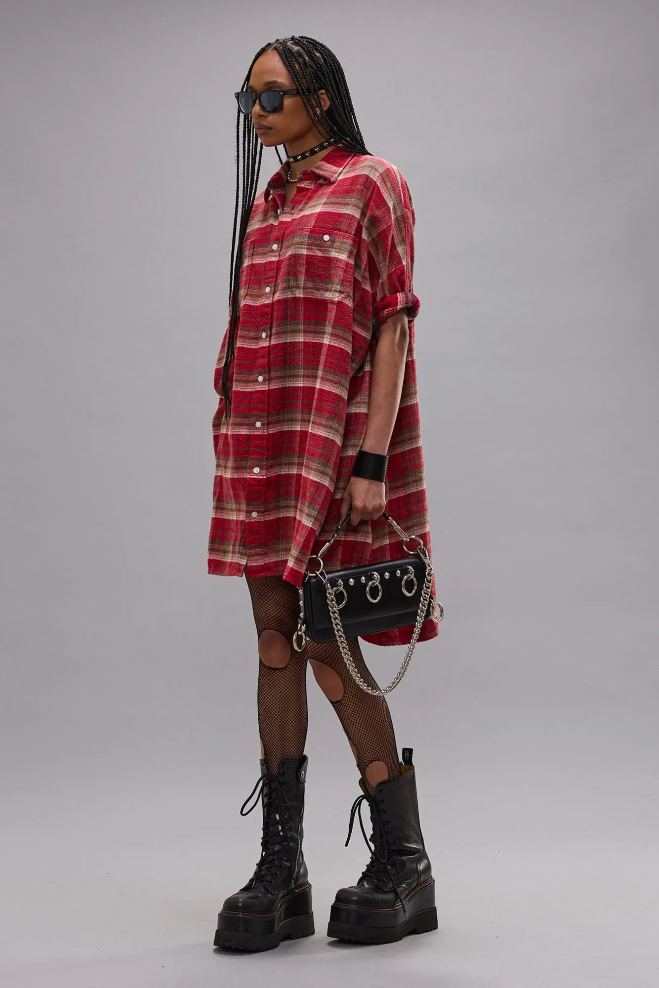 PLAID OVERSIZED BOXY SHIRTDRESS - RED PLAID sold by R13 product image thumbnail 3