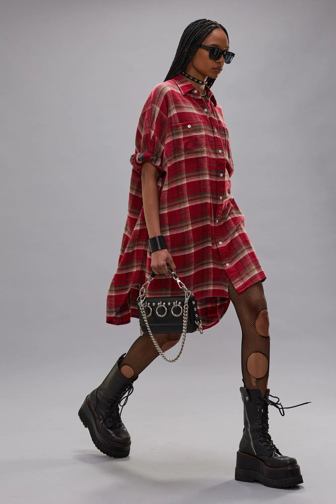 PLAID OVERSIZED BOXY SHIRTDRESS - RED PLAID sold by R13