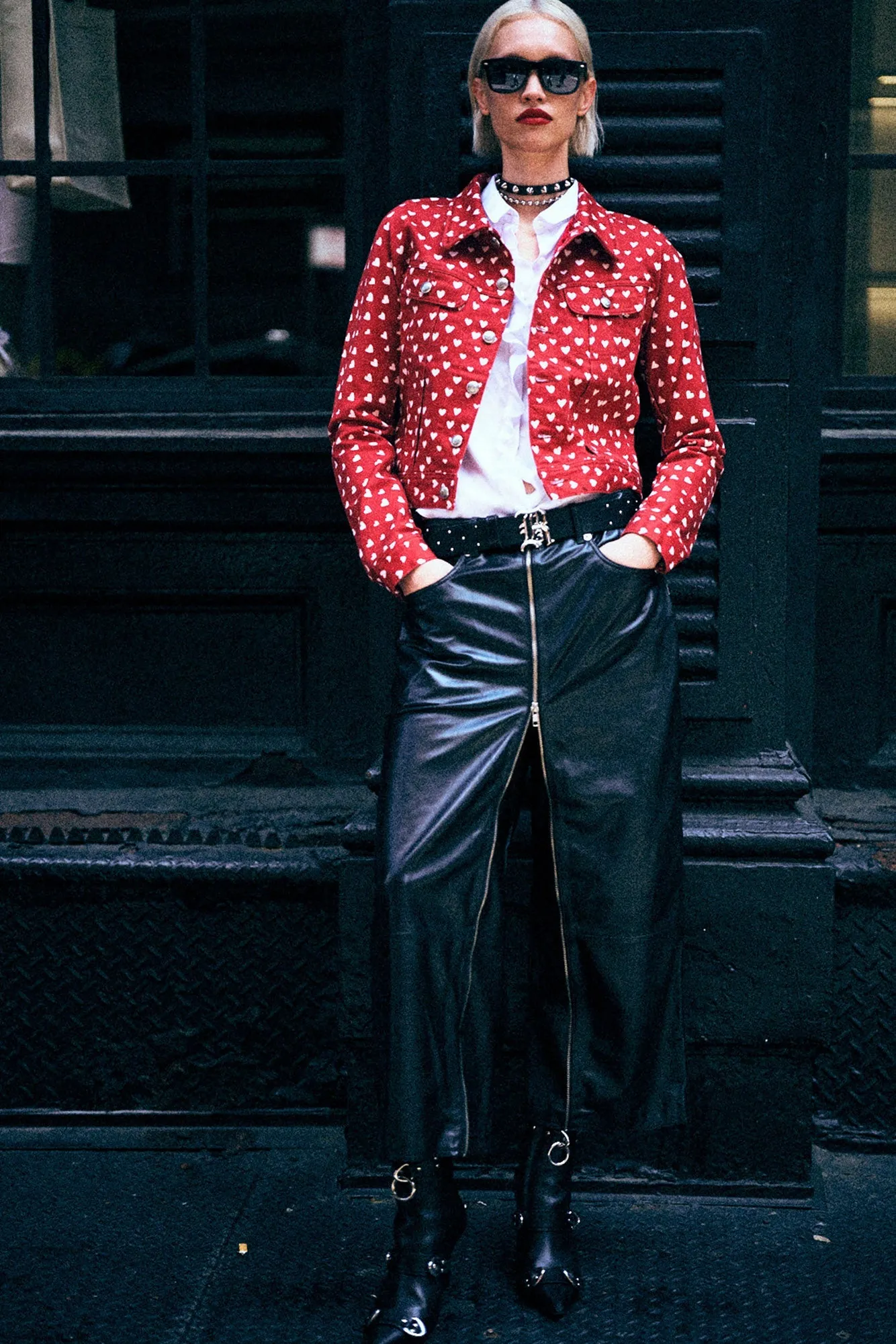 SKINNY TRUCKER JACKET - RED SCATTERED HEARTS sold by R13