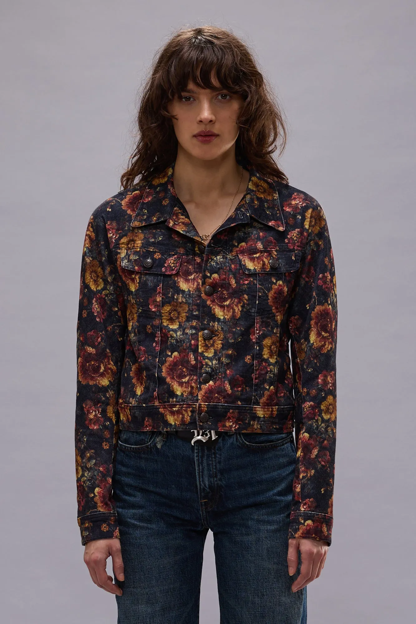 SKINNY TRUCKER JACKET - NAVY BLUE FLORAL VELVETEEN sold by R13 product image thumbnail 4