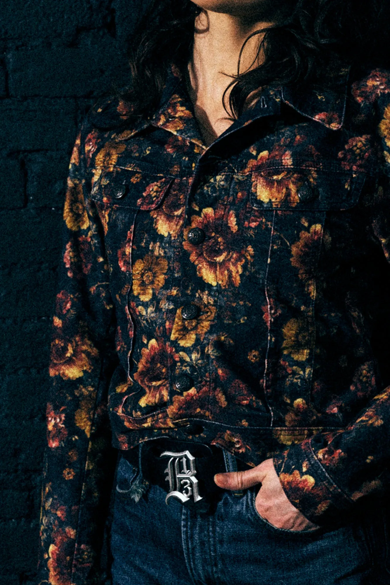 SKINNY TRUCKER JACKET - NAVY BLUE FLORAL VELVETEEN sold by R13 product image thumbnail 3