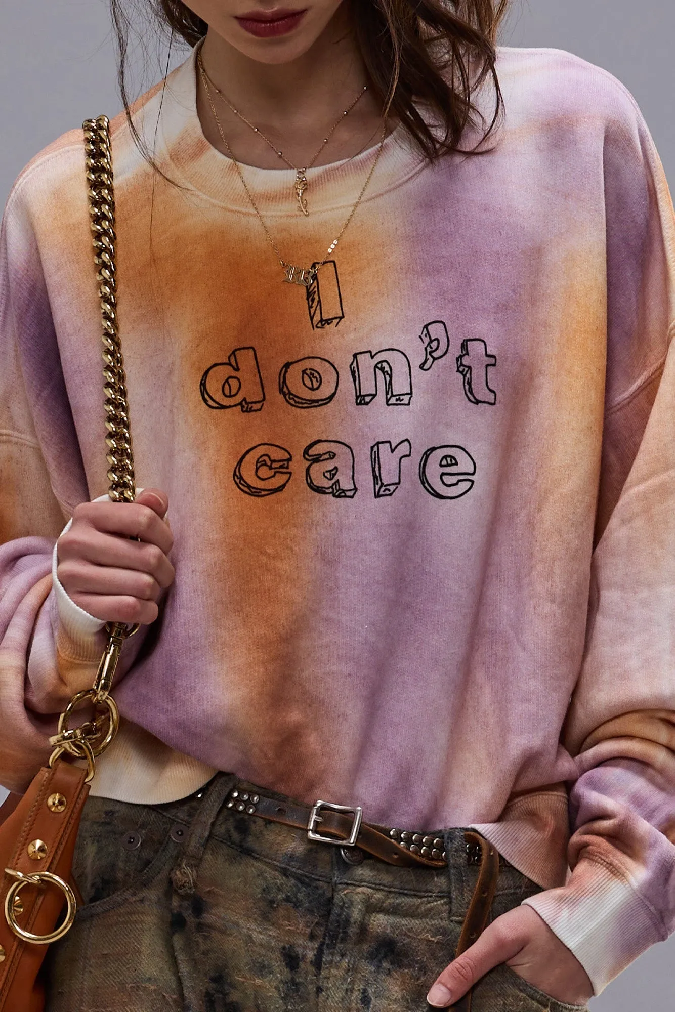 I DON'T CARE CROPPED CREWNECK - ORANGE WITH PURPLE sold by R13 product image thumbnail 3