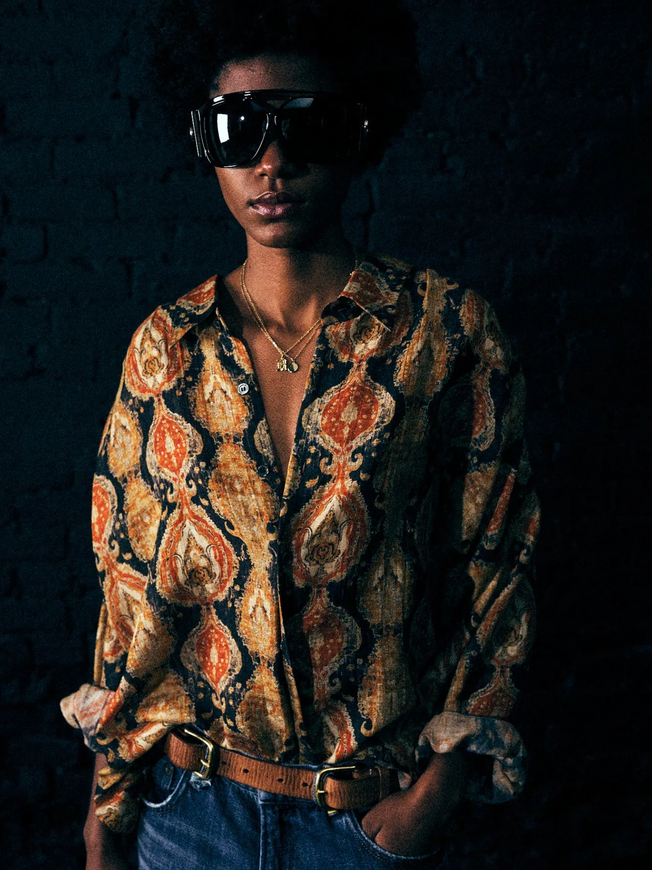 GATHERED YOKE DROP NECK SHIRT - ORANGE DARK NAVY MULTICOLOR sold by R13 product image thumbnail 3