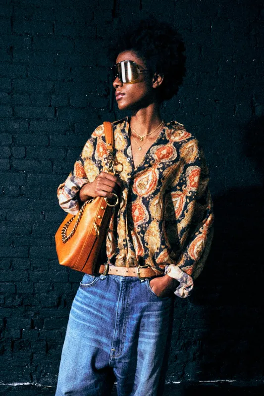 GATHERED YOKE DROP NECK SHIRT - ORANGE DARK NAVY MULTICOLOR sold by R13