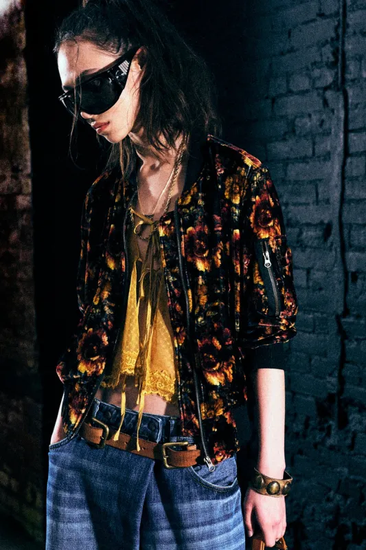 SHRUNKEN FLIGHT BOMBER - ORANGE MULTI FLORAL sold by R13