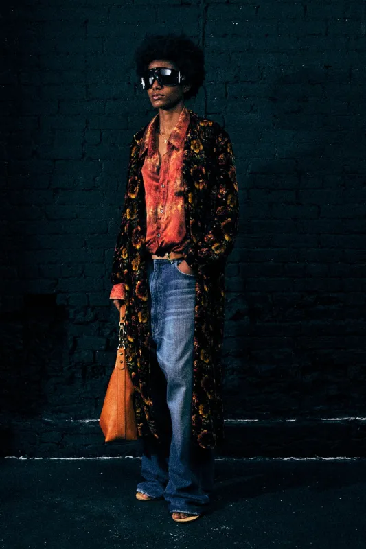 DRAPEY DOUBLE BREASTED COAT - ORANGE MULTI FLORAL sold by R13