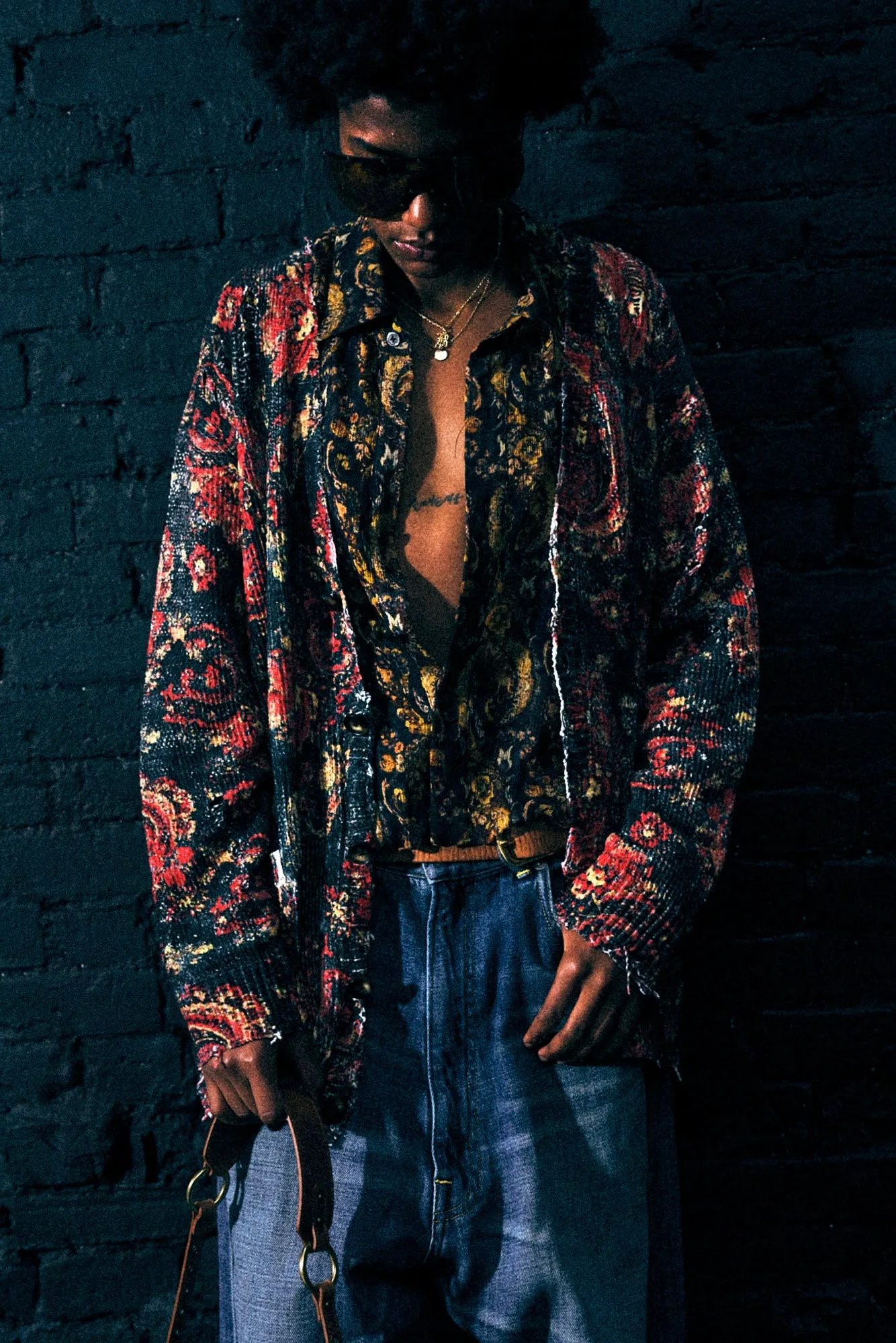 PRINTED BOYFRIEND CARDIGAN - BLACK RED MULTICOLOR sold by R13