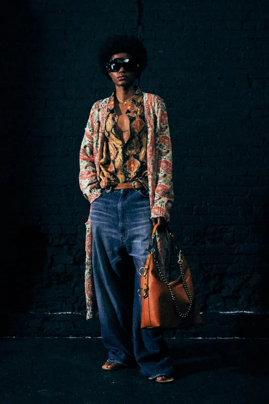 PRINTED LONG CARDIGAN - KHAKI MULTICOLOR sold by R13