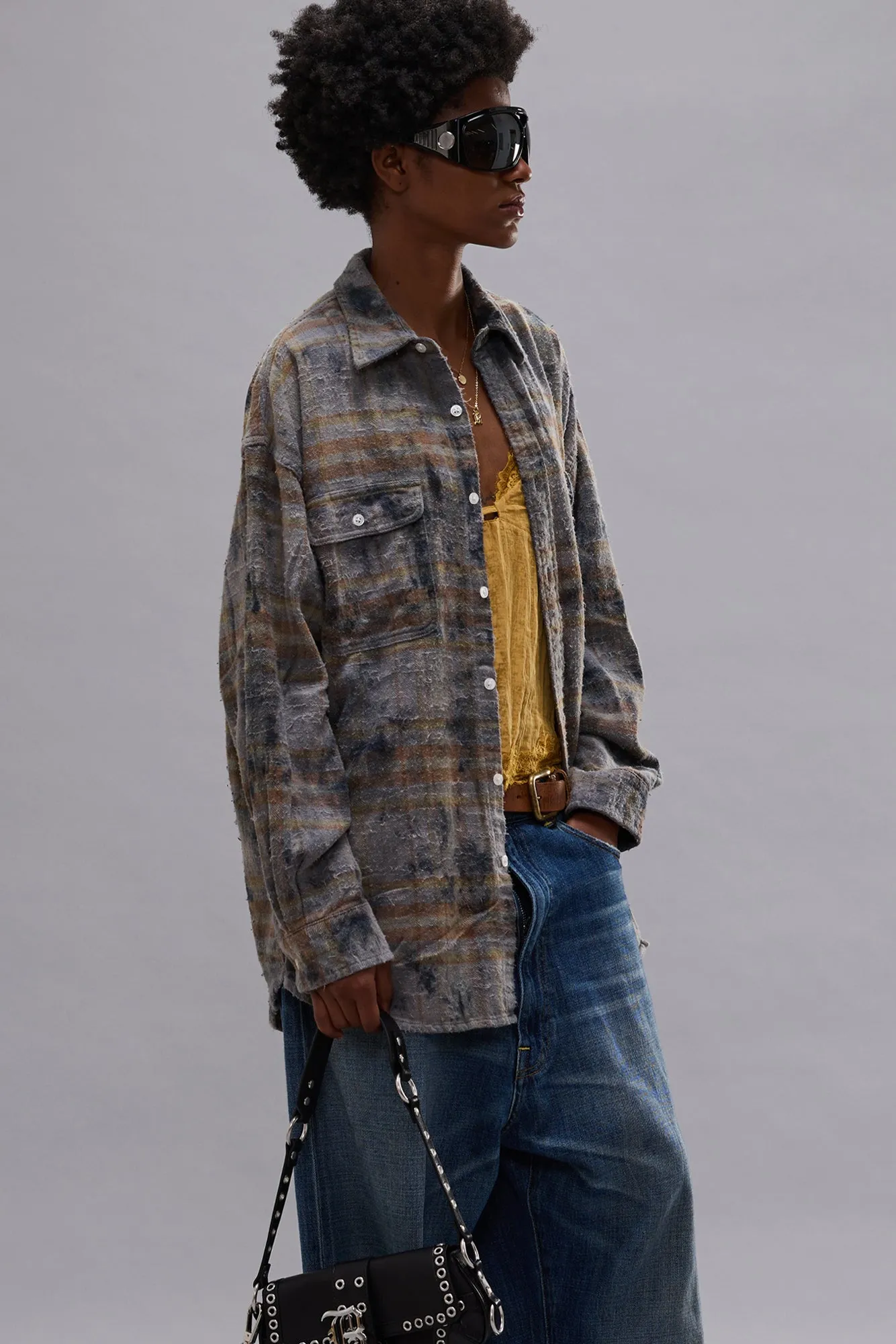 BOYFRIEND SHIRT - OVERDYED LIGHT BLUE PLAID sold by R13