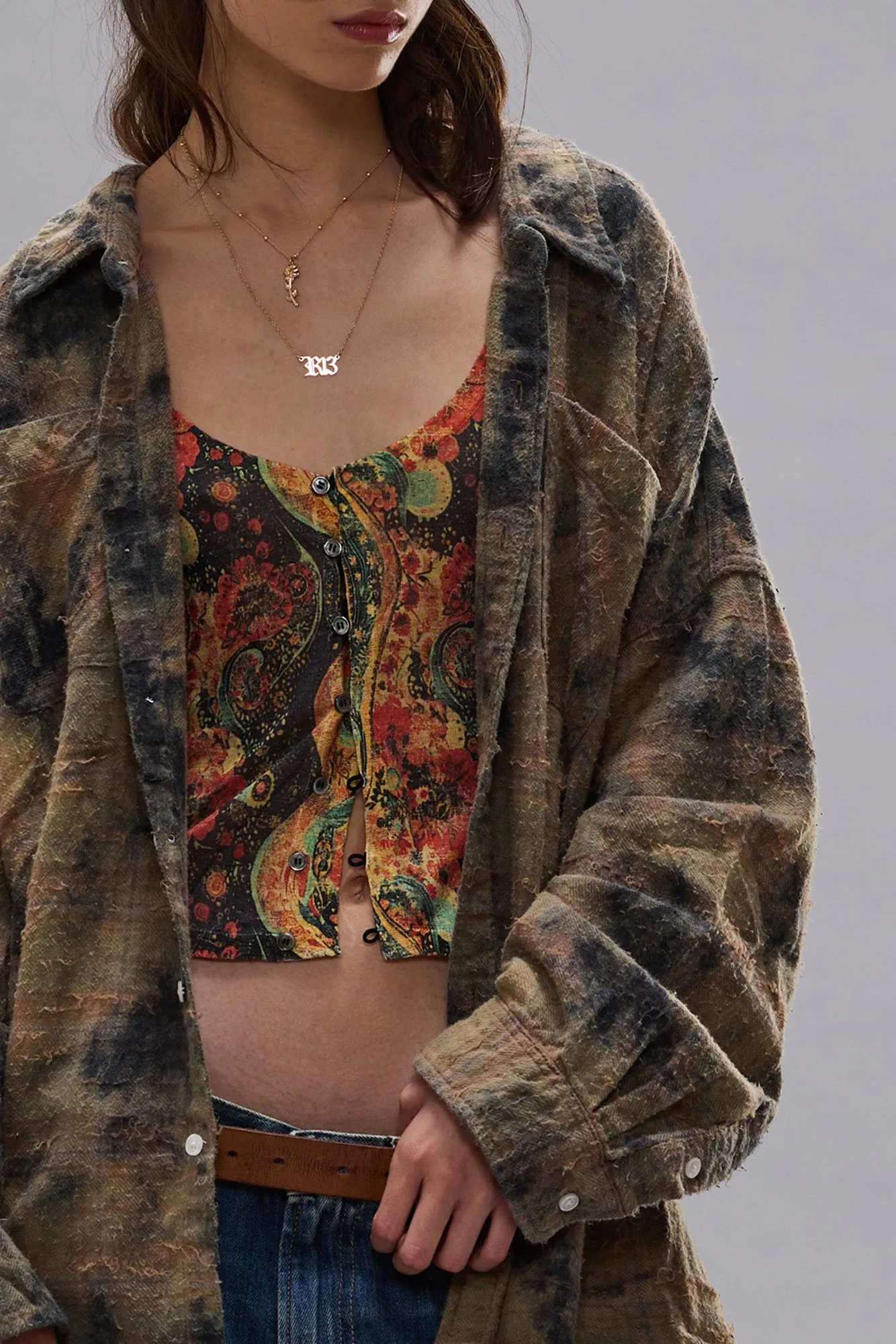 DROP NECK WORKSHIRT - BLEACHED ORANGE GREEN PLAID sold by R13 product image thumbnail 3