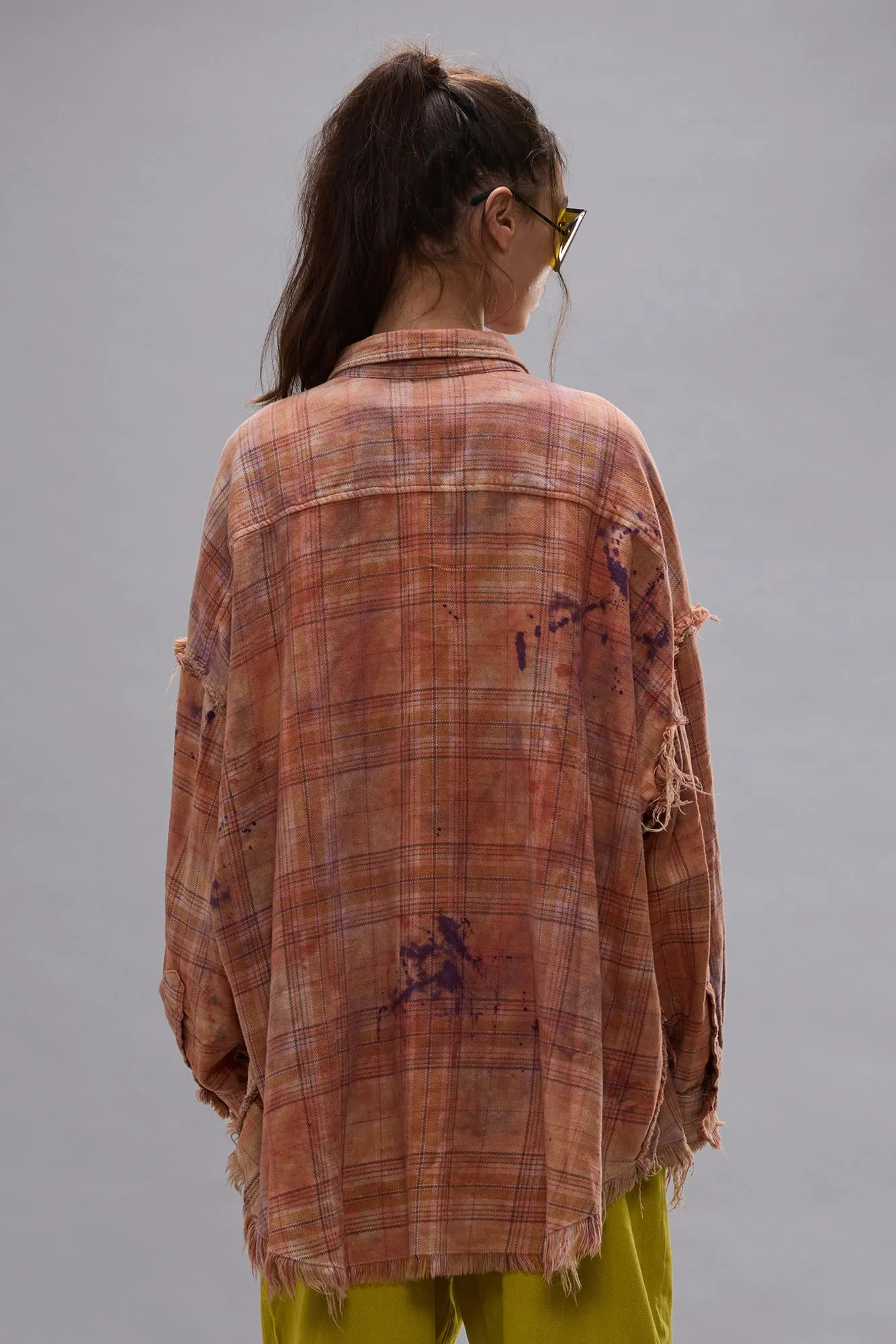 SHREDDED SEAM DROP NECK SHIRT - OVERDYED ORANGE PURPLE PLAID sold by R13 product image thumbnail 5