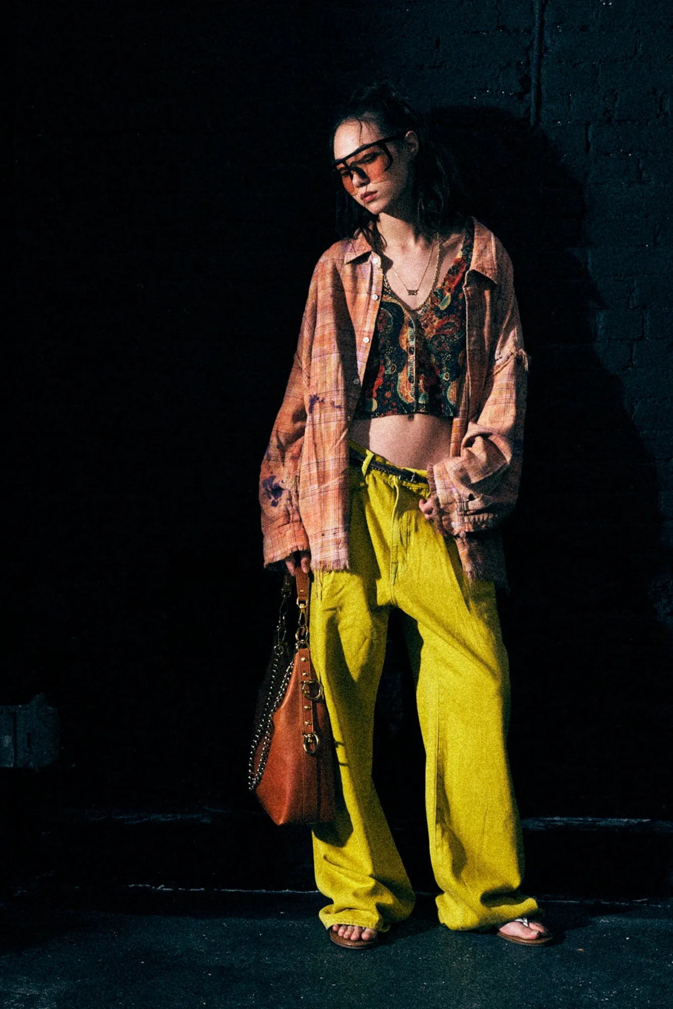 SHREDDED SEAM DROP NECK SHIRT - OVERDYED ORANGE PURPLE PLAID sold by R13 product image thumbnail 2