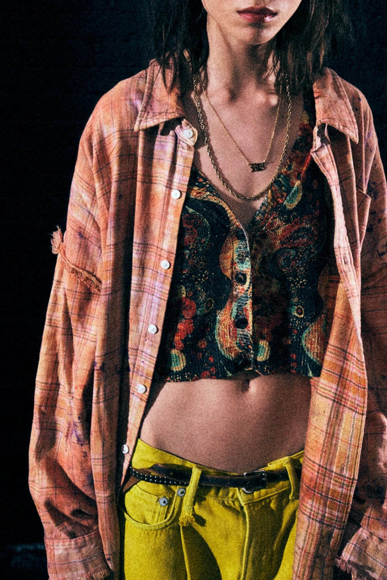 SHREDDED SEAM DROP NECK SHIRT - OVERDYED ORANGE PURPLE PLAID sold by R13 product image thumbnail 3