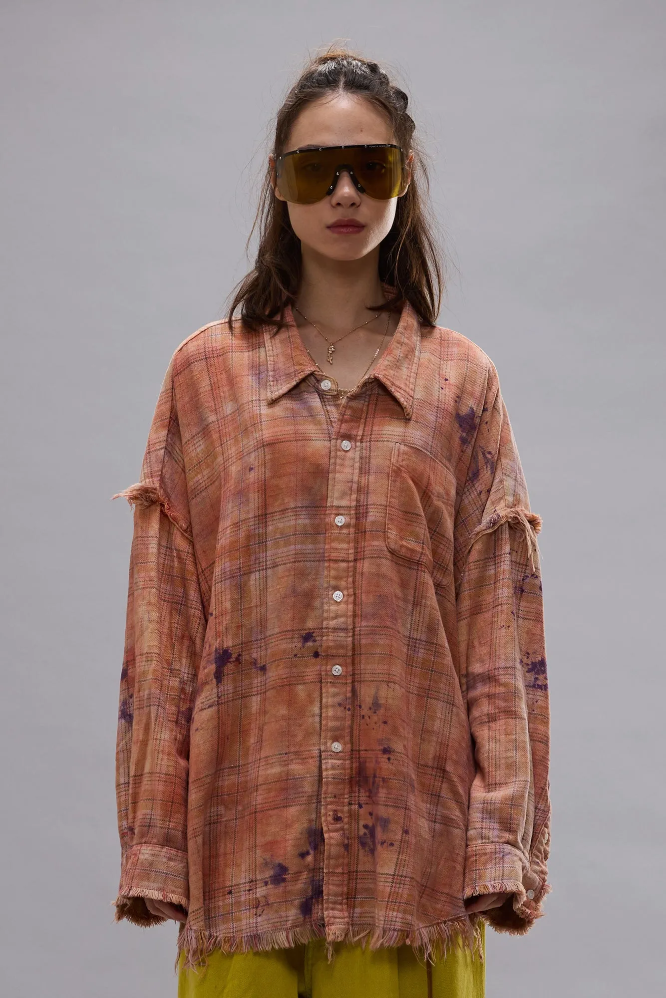 SHREDDED SEAM DROP NECK SHIRT - OVERDYED ORANGE PURPLE PLAID sold by R13 product image thumbnail 4