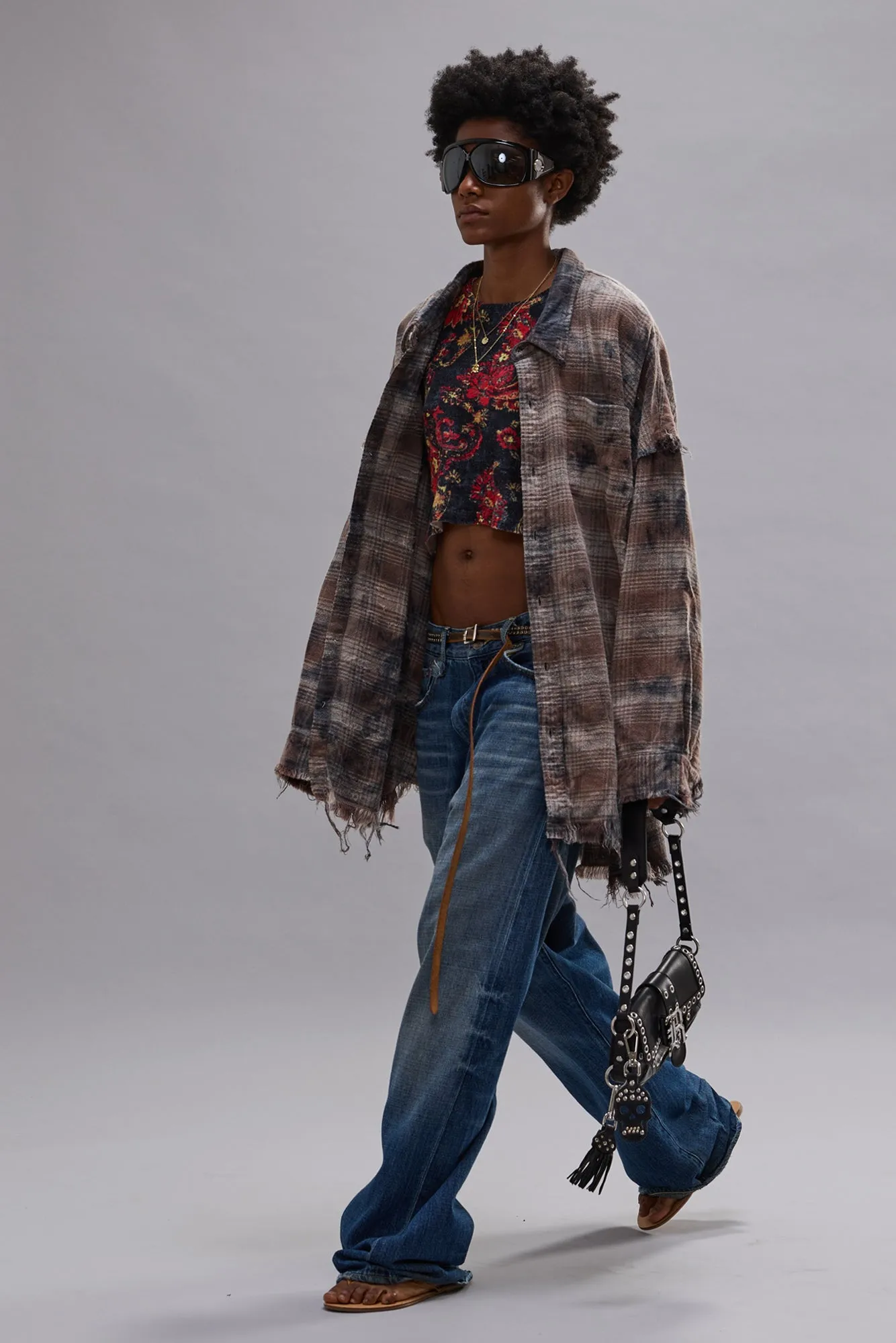 SHREDDED SEAM DROP NECK SHIRT - OVERDYED GREY PLAID sold by R13 product image thumbnail 2