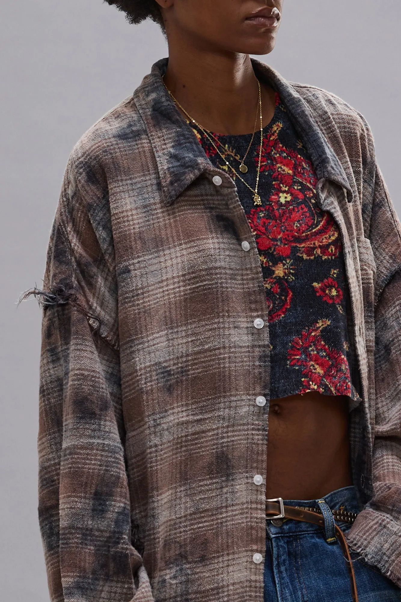 SHREDDED SEAM DROP NECK SHIRT - OVERDYED GREY PLAID sold by R13 product image thumbnail 3