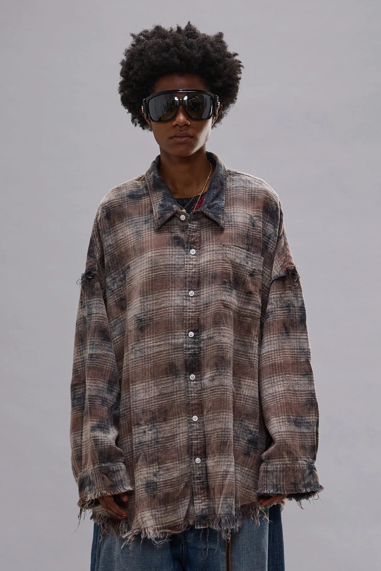 SHREDDED SEAM DROP NECK SHIRT - OVERDYED GREY PLAID sold by R13 product image thumbnail 4
