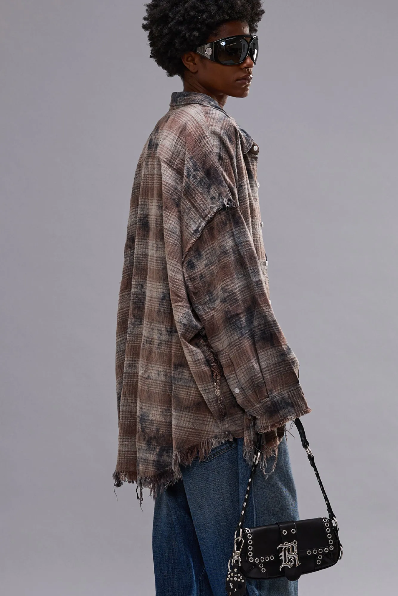 SHREDDED SEAM DROP NECK SHIRT - OVERDYED GREY PLAID sold by R13