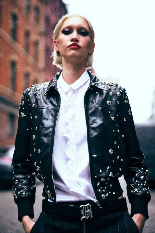 BERLIN LEATHER JACKET - BLACK WITH STUDS sold by R13