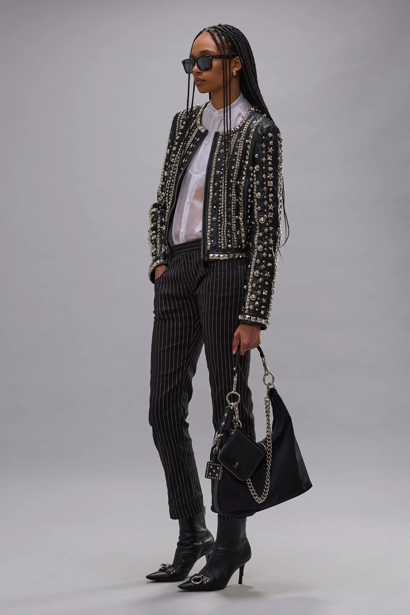 FRONT ZIP CREWNECK LEATHER JACKET - BLACK STRIPS WITH STUDS sold by R13 product image thumbnail 2