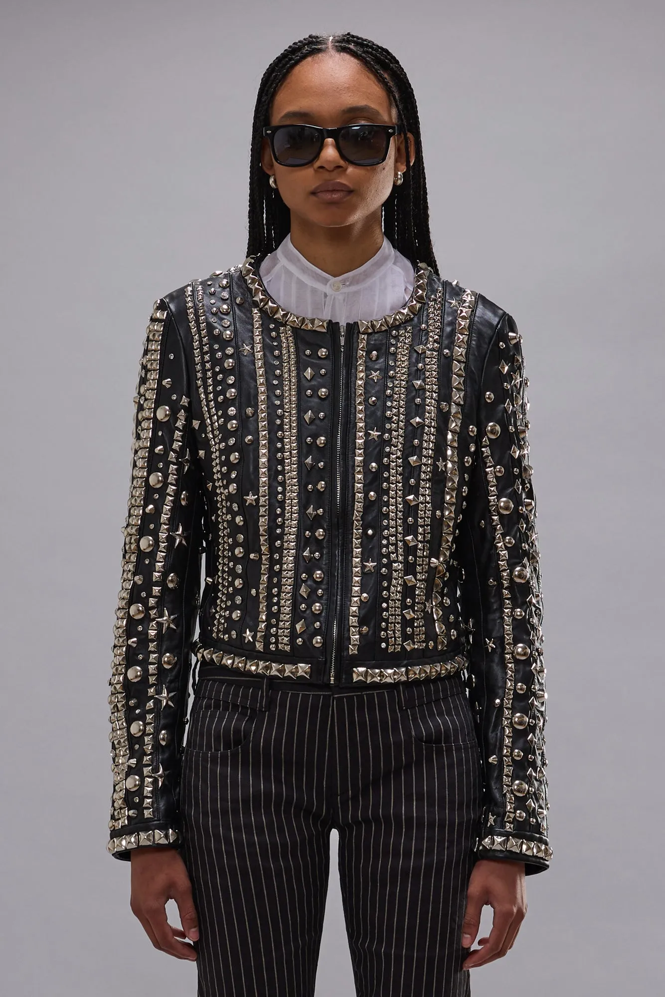 FRONT ZIP CREWNECK LEATHER JACKET - BLACK STRIPS WITH STUDS sold by R13 product image thumbnail 3