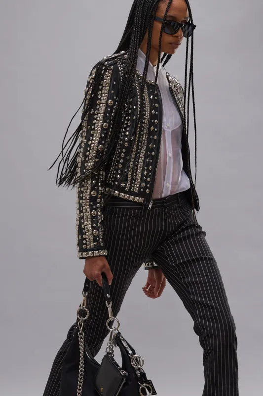 FRONT ZIP CREWNECK LEATHER JACKET - BLACK STRIPS WITH STUDS sold by R13