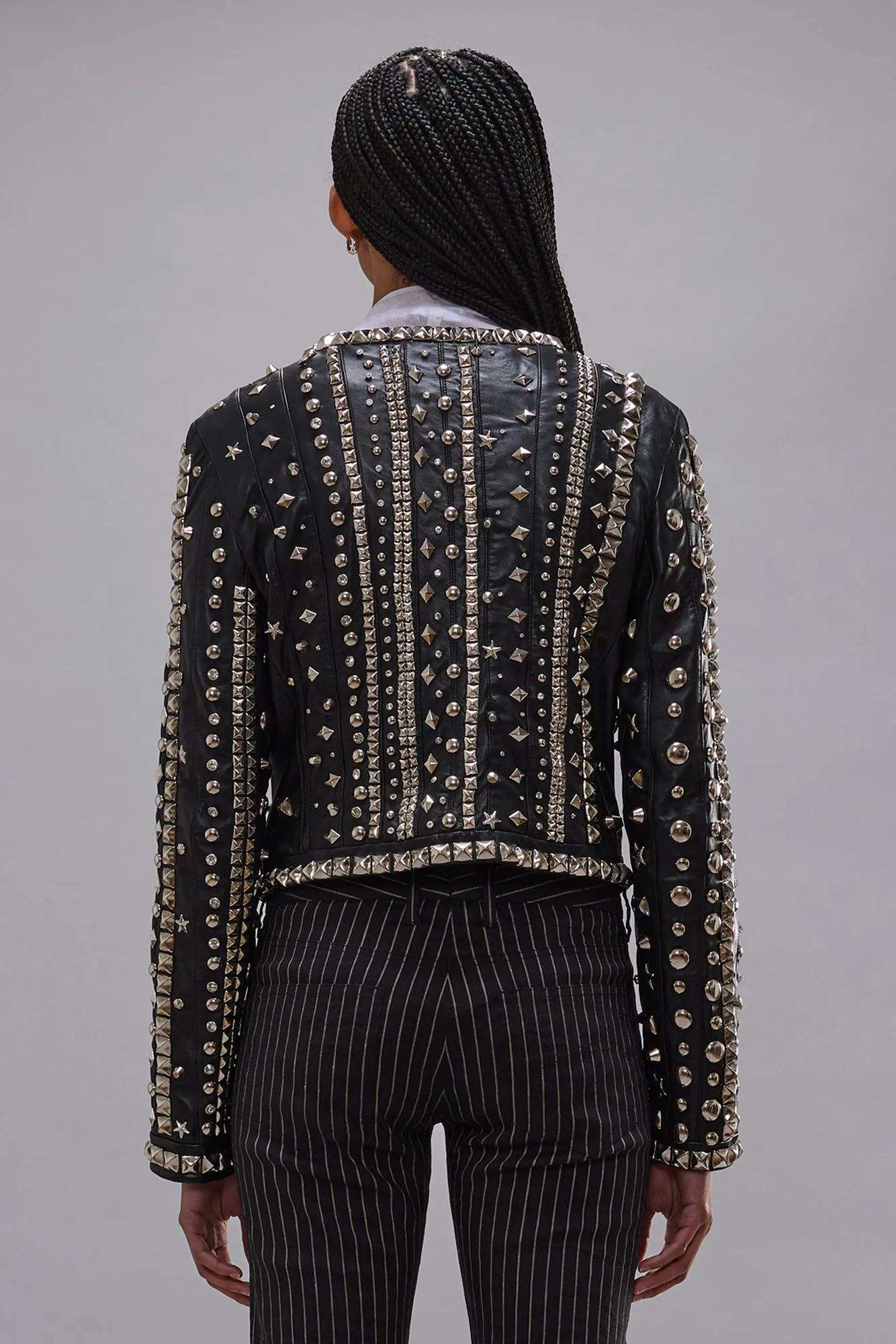 FRONT ZIP CREWNECK LEATHER JACKET - BLACK STRIPS WITH STUDS sold by R13 product image thumbnail 4