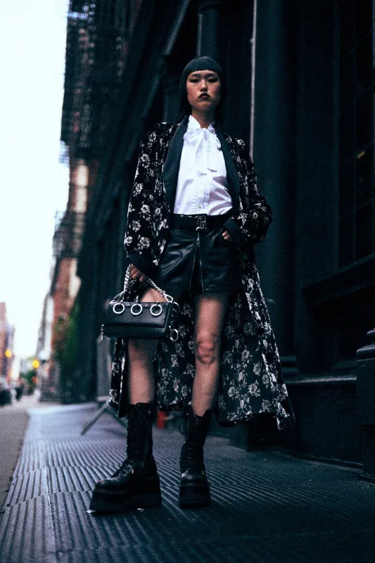 SMOKING ROBE W/PIPING - FLORAL ON BLACK made by R13