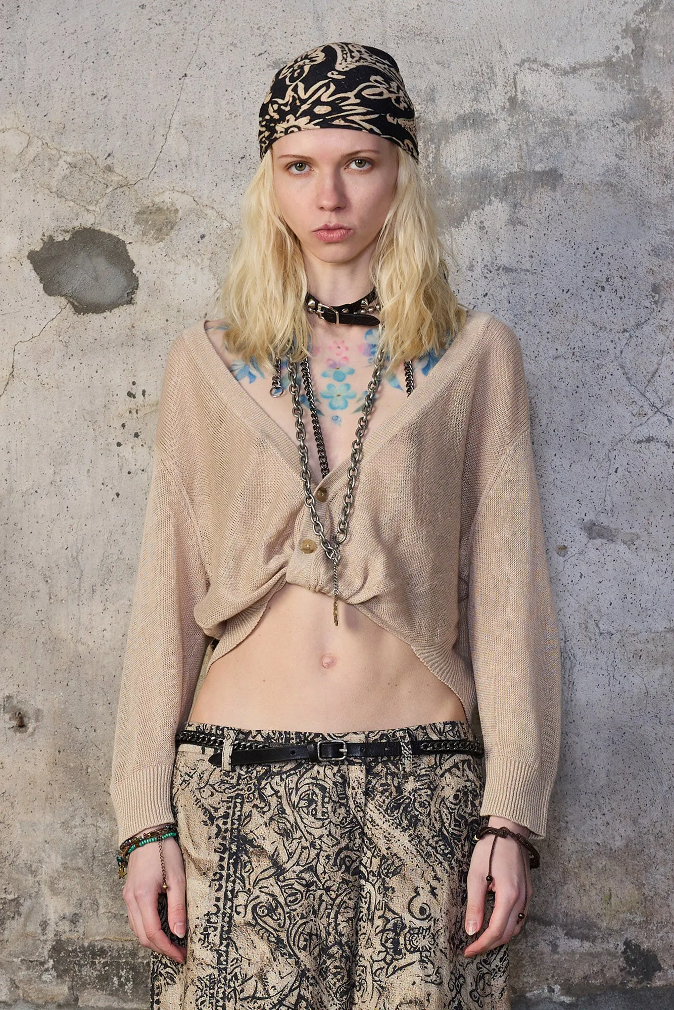 3/4 SLEEVE TWISTED FRONT CARDIGAN - LIGHT KHAKI sold by R13 product image thumbnail 3