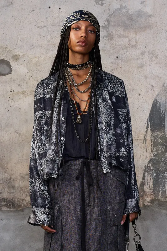 BUBBLE SHIRT WITH GATHERED YOKE - BLACK MULTI MEDALLION made by R13