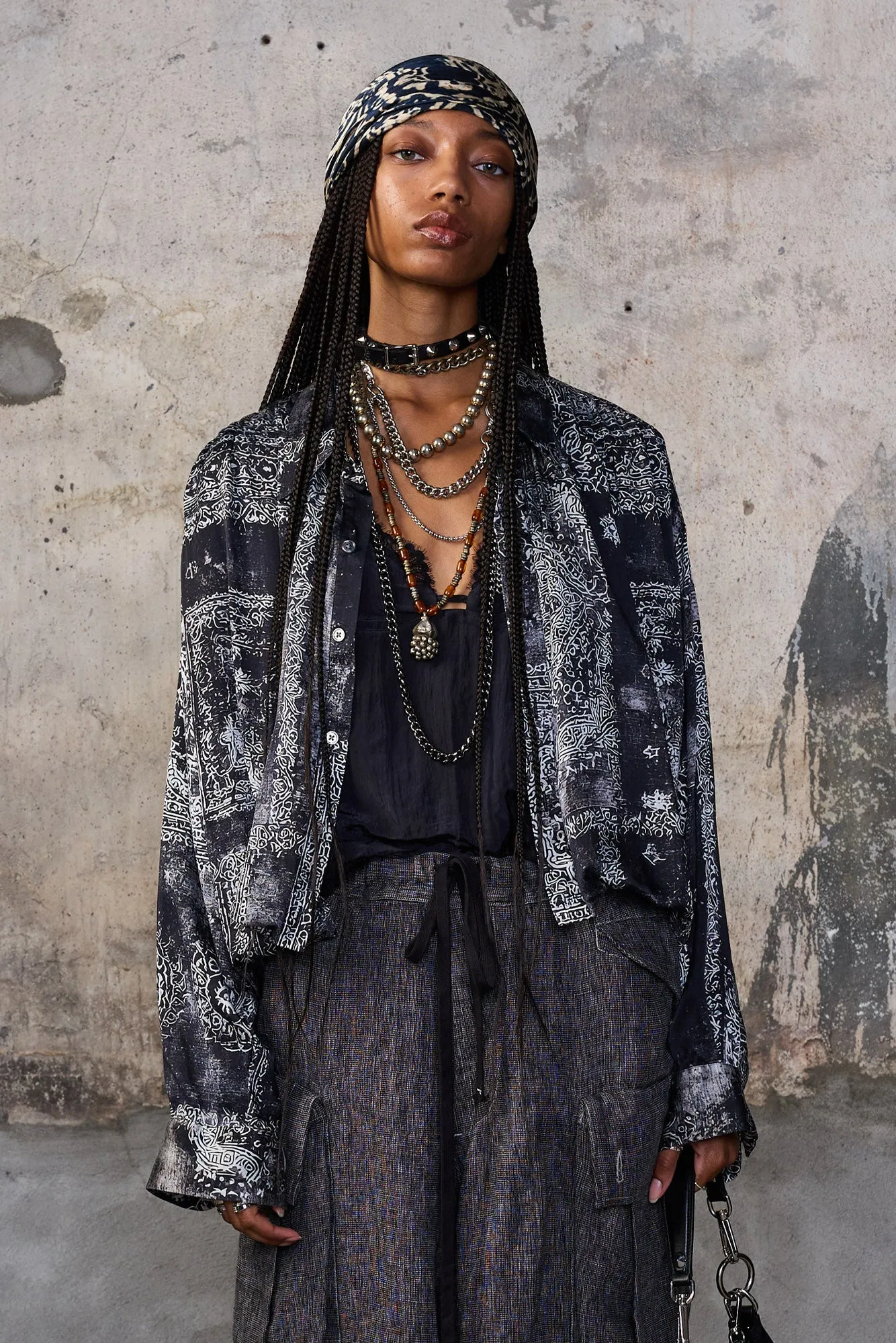 BUBBLE SHIRT WITH GATHERED YOKE - BLACK MULTI MEDALLION sold by R13